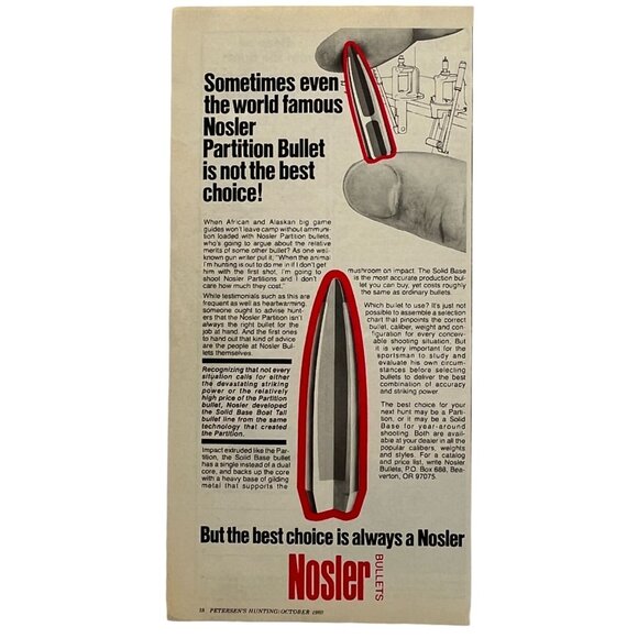 Nosler Bullets Print Ad Vintage 1980 Partition Ammo Beaverton OR Hunting - Picture 1 of 5